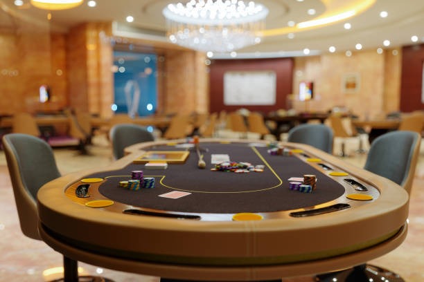 Poker table with community cards and betting layout